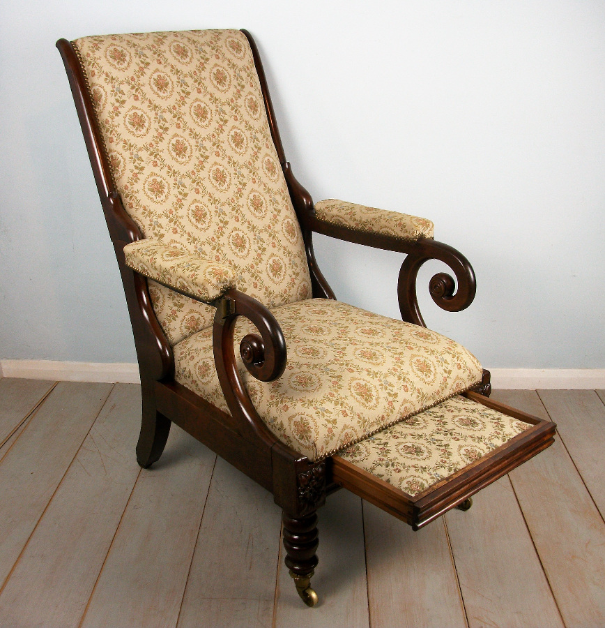 Antique Reclining Mahogany Library Armchair